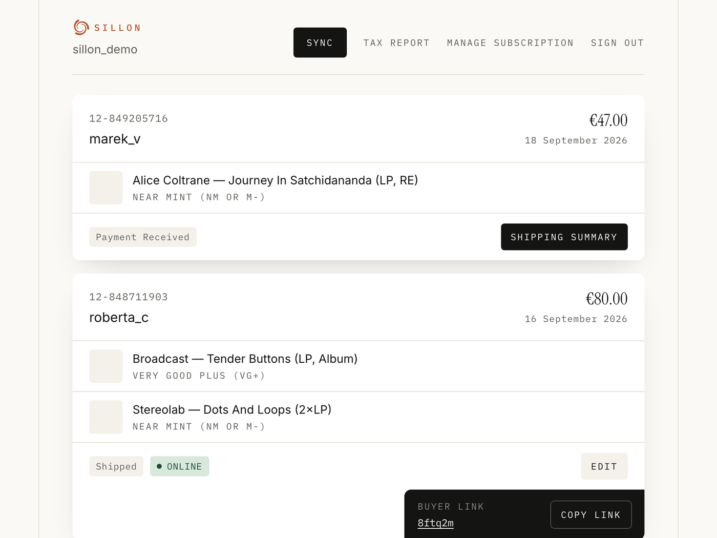 The Sillon sales screen: Discogs orders listed with their records, their amount, and a button to write the shipping summary.